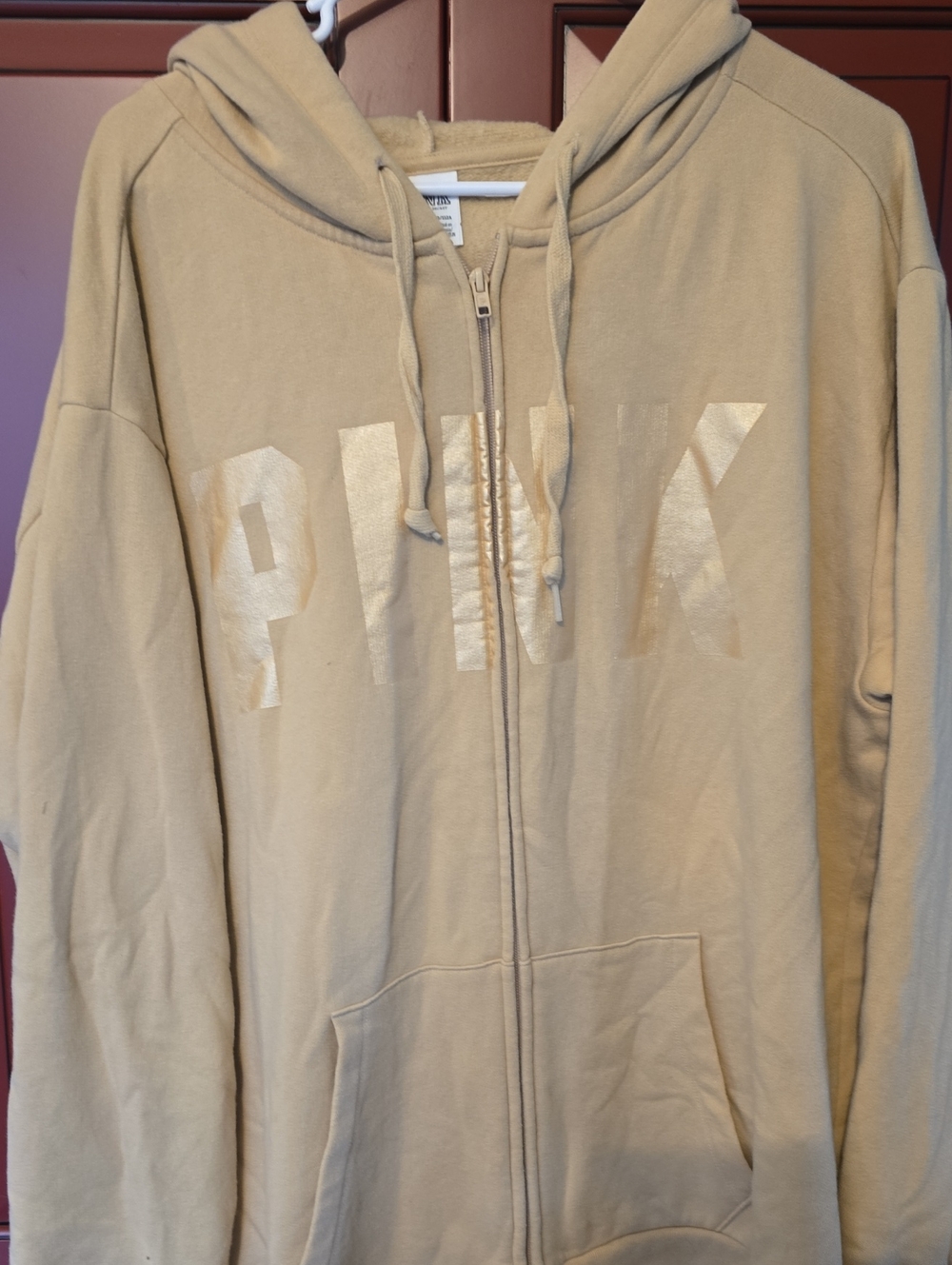 PINK Victoria's Secret Men's Tan Full-Zip Hoodie with Metallic Logo